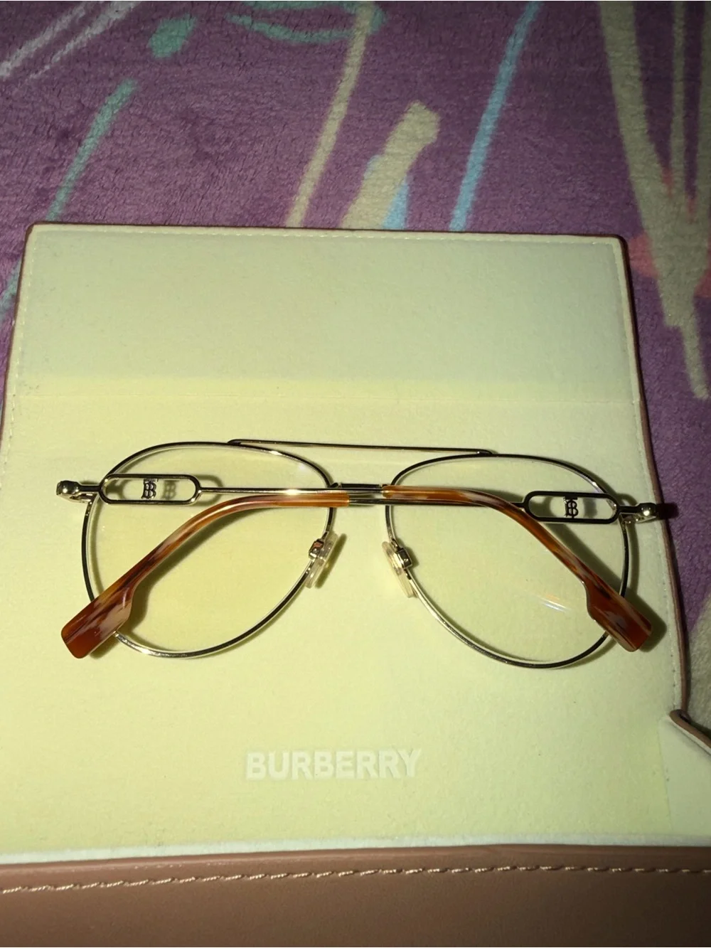 Burberry Men’s Gold Metal Aviator Glasses with Brown Temple Tips